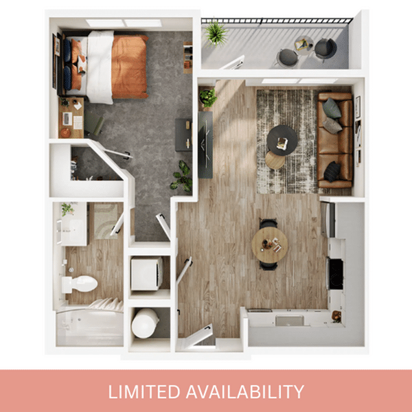A 3D image of the 1BR/1BA – A1 floorplan, a 586 squarefoot, 1 bed / 1 bath unit