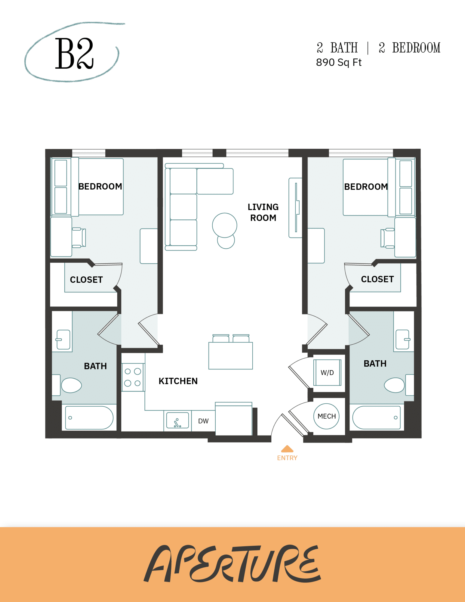 A 3D image of the 2BR/2BA – B2 floorplan, a 890 squarefoot, 2 bed / 2 bath unit