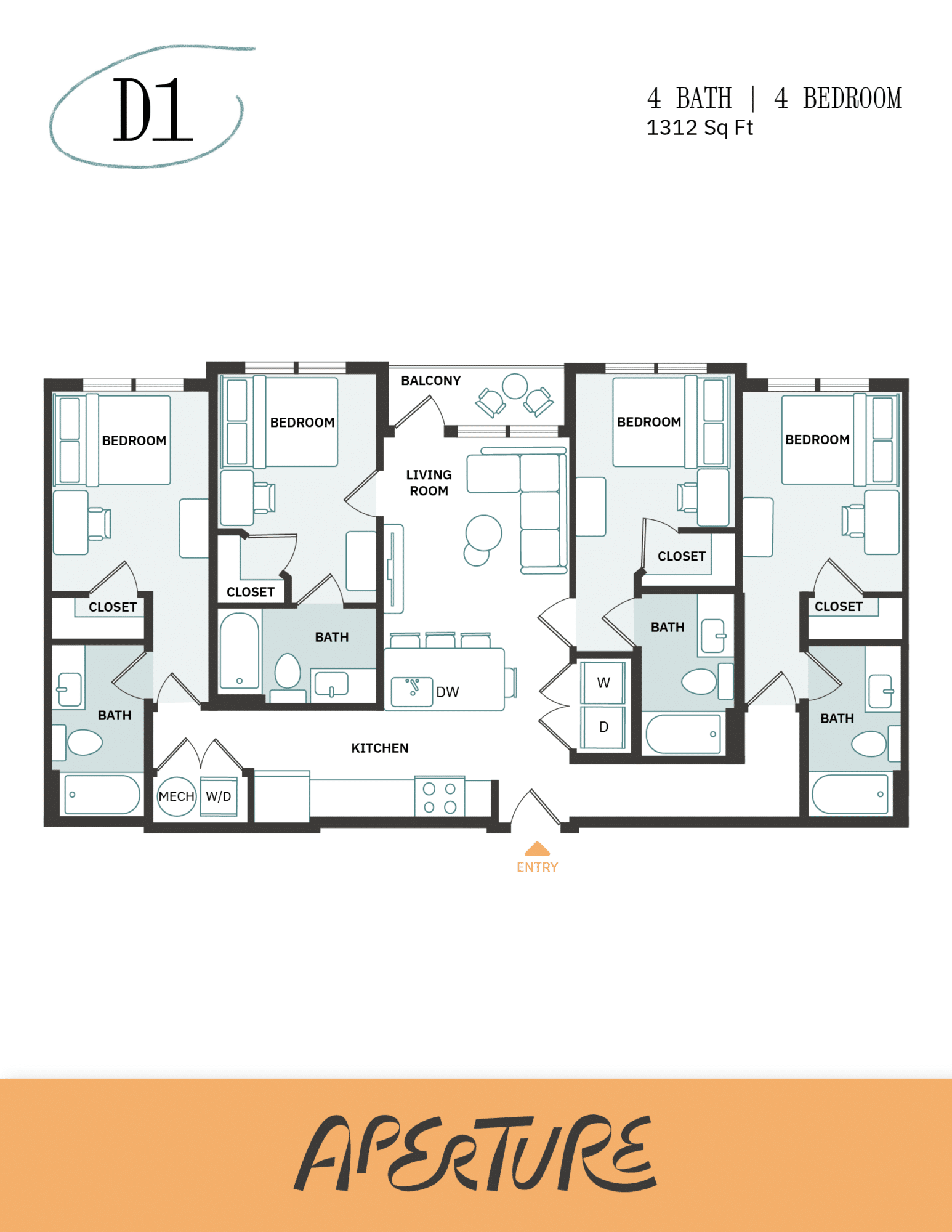 A 3D image of the 4BR/4BA – D1 floorplan, a 1312 squarefoot, 4 bed / 4 bath unit