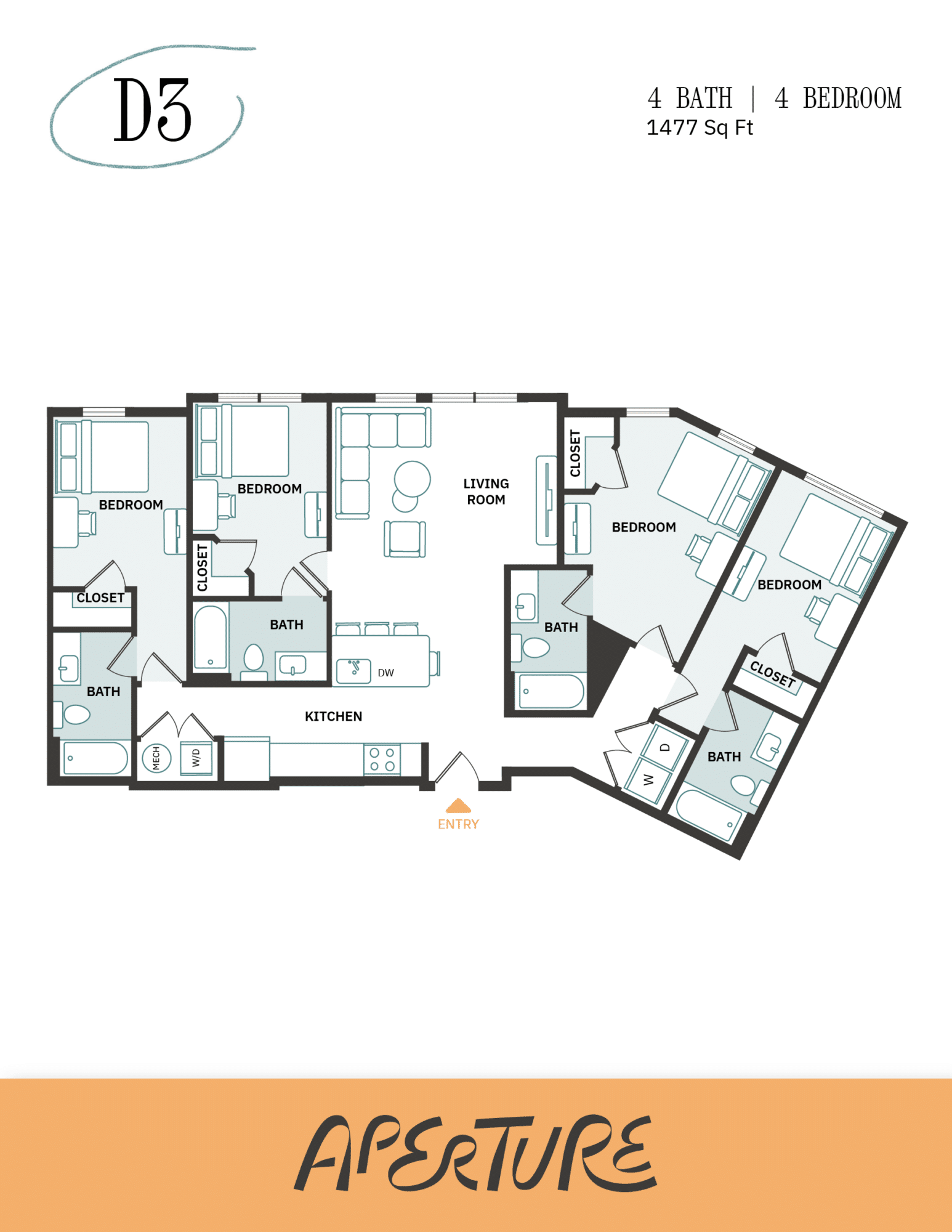A 3D image of the 4BR/4BA – D3 floorplan, a 1477 squarefoot, 4 bed / 4 bath unit