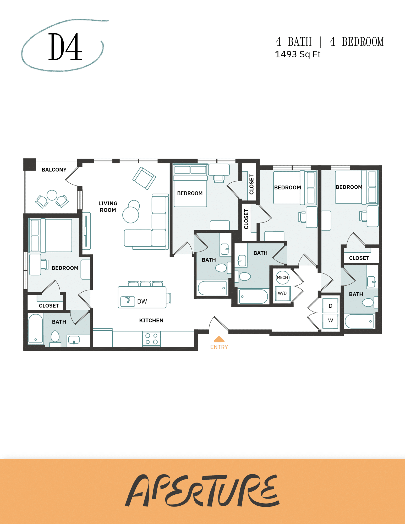 A 3D image of the 4BR/4BA – D4 floorplan, a 1493 squarefoot, 4 bed / 4 bath unit