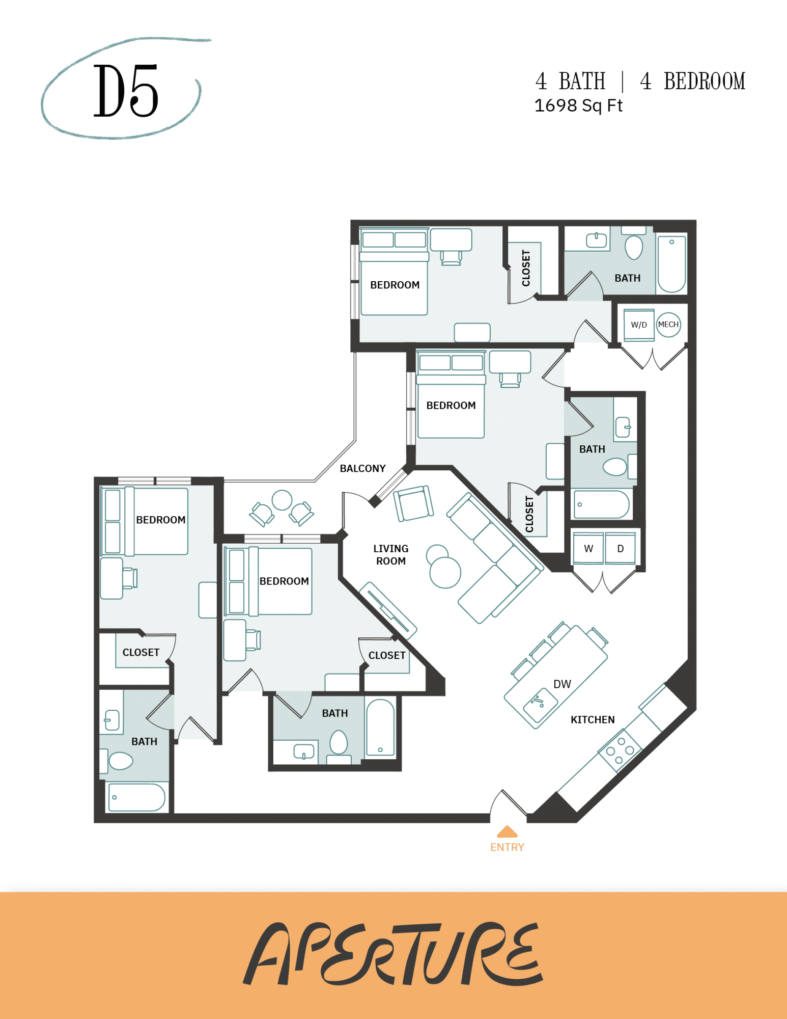 A 3D image of the 4BR/4BA – D5 floorplan, a 1698 squarefoot, 4 bed / 4 bath unit