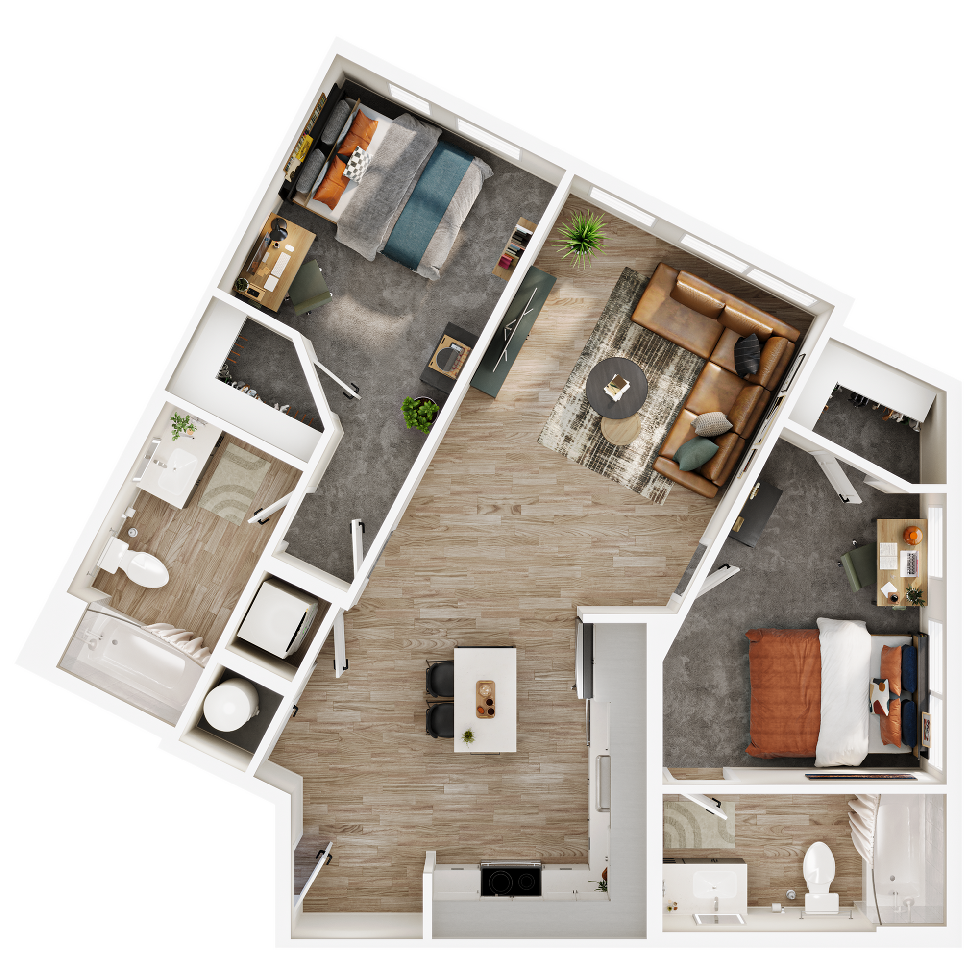 A 3D image of the 2BR/2BA – B3 floorplan, a 893 squarefoot, 2 bed / 2 bath unit